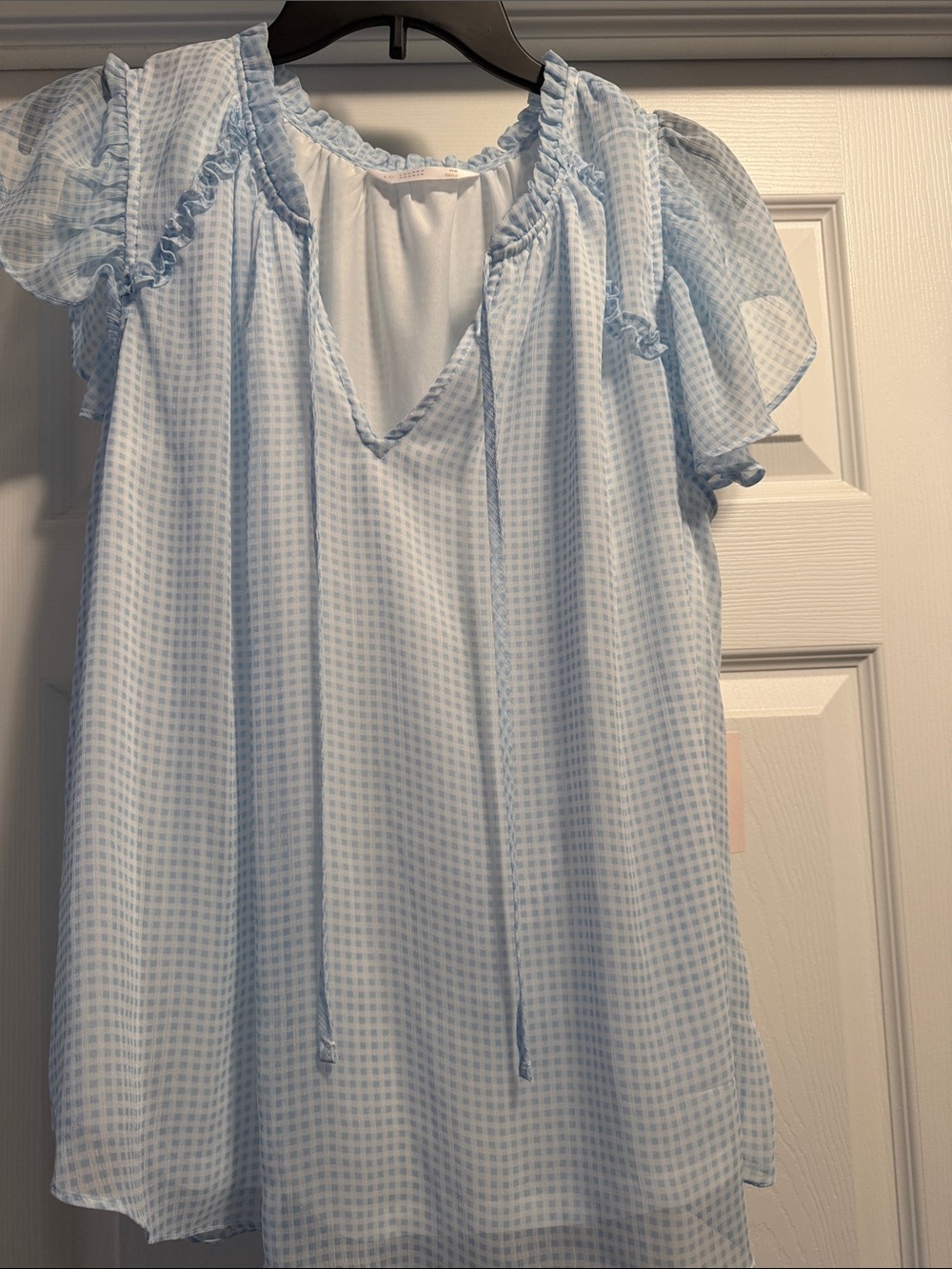 LC Lauren Conrad Light Blue Gingham Ruffle Tie-Neck Blouse